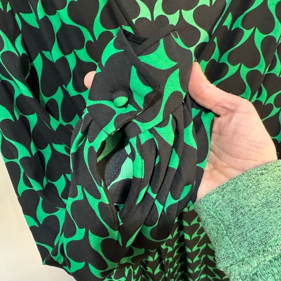 Diane Von Furstenberg Long Sleeve Faux Wrap Midi Dress Green Black Sz 16 no belt - Picture 4 of 14